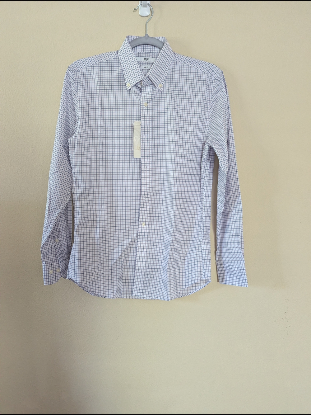 Uniqlo | Men's Light Blue, Purple, and White Checked Dress Shirt, Slim Fit